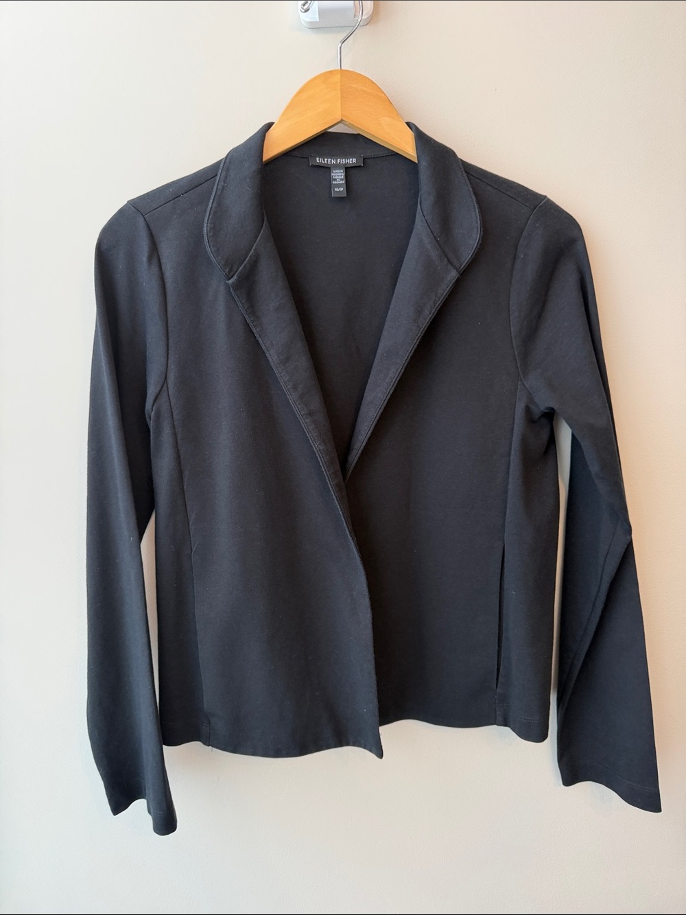 Eileen Fisher Black Washable Flex Ponte Notch Collar Open Front Blazer Jacket XS